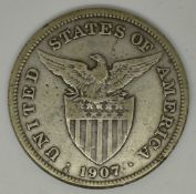 USA silver one peso Filipinas 1907 (under US sovereignty), obverse lady in flowing dress standing