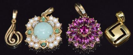 Four 9ct gold pendants, one set with quartz, emeralds, diamonds and pearls and one amethyst, 10.6g