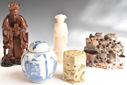 Chinese soapstone figure, ginger jar and cover, hardstone figure etc, tallest 23cm