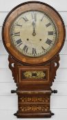 American late 19thC two-train spring driven drop dial wall clock, the case decorated with floral and