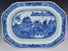 Chinese 19thC blue and white export footed dish, 37 x 27cm