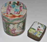 Canton Chinese 19th/20thC covered canister / caddy and a make up box with mirror, H9, diameter 8cm