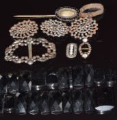 Three cut steel buttons, a cut steel buckle, Victorian stick pin, Victorian mourning hair ring and