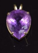 A 9ct gold pendant set with a pear cut amethyst, 3 x 1.7cm, 7.8g