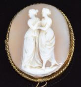 A 9ct gold brooch set with a cameo of two women, 3.2 x 4.1cm