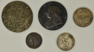 Charles II 1687 Maundy twopence, 1765 Austrian Franz I 20 kreuzer, Queen Victoria 1855 fourpence,