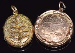 A 9ct gold back and front locket with chased floral decoration and a Victorian yellow metal locket