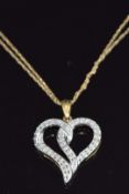 A 9ct gold heart pendant set with diamonds on 9ct gold chain, 2.9g, length 2.5cm