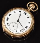 Buren gold plated keyless winding open faced pocket watch with blued Breguet hands, black Roman