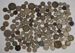 Approximately 400g of mixed silver coinage, George IV onwards, silver sixpences, overseas examples