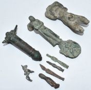 A collection of Roman bronze / metal artefacts, figures and handles including a horse, deities