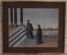 Large 19th/20thC Chinese watercolour of two officials in the palace grounds with script verso 'Two