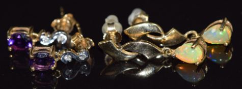 Two pairs of 9k gold earrings, one set with amethyst and diamonds and the other with opals, 4.5g