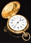 Unsigned 18ct gold keyless winding full hunter repeating pocket watch with blued hands, black