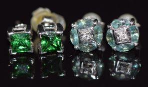 A pair of 14k white gold earrings set with a diamond and quartz and a pair of 9ct white gold