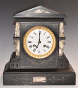 19thC slate mantel clock in architectural style case with marble decoration, enamel Roman dial
