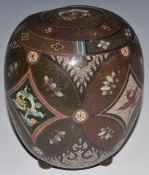 Early 19thC cloisonné covered vase raised on three feet, with decoration of birds and foliage,