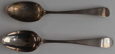 Two Georgian bottom hallmarked silver Old English pattern table spoons, one London 1778, the other