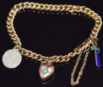 An 18ct gold curb link bracelet with an Edwardian 9ct rose gold heart charm set with turquoise, a St