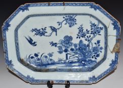 Chinese 19thC blue and white export hexagonal dish with stapled repair, 27.5 x 38cm