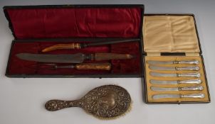 Hallmarked silver backed brush, cased set of hallmarked silver handled knives and a cased horn
