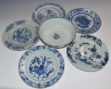 Five 19thC Chinese blue and white export plates and a similar pedestal bowl, largest diameter 23cm