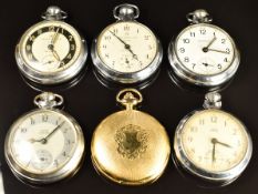 Six keyless winding pocket watches comprising three Ingersoll, two Smiths Empire and one gold plated