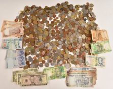 A collection of overseas coins and banknotes, largely pre-Euro but also includes some Euros