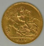 George V 1911 gold half sovereign