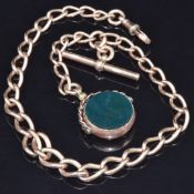 Victorian 9ct rose gold Albert with hardstone swivel fob, Birmingham 1899, maker J.G & S, length