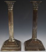 Victorian pair of hallmarked silver Corinthian column candlesticks, London 1896, maker Harrison