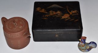 Chinese Yixing teapot, cloisonné trinket box and lacquer box, tallest 11cm.