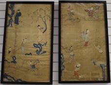 A pair of 19thC Chinese silk embroideries with dancing figural decoration, 87 x 50cm