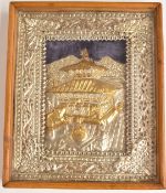 Chinese embossed silver plaque with decoration of a temple, in glazed frame with easel back, overall