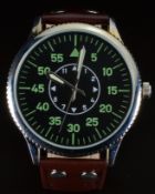 German Airforce military style gentleman's wristwatch with luminous hands, green Arabic numerals,