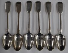 Set of six fiddle pattern hallmarked silver teaspoons, London 1855, maker William Robert Smily,
