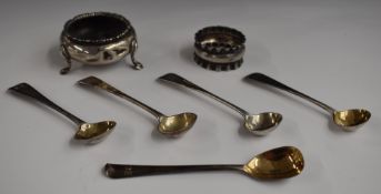 Hallmarked silver three footed open salt together with five Victorian hallmarked silver salt and