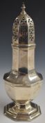 Victorian hallmarked silver sugar caster of octagonal baluster form, Sheffield 1900, maker James