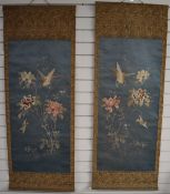 Pair of 19th/20thC Chinese scroll embroideries, 112 x 51cm
