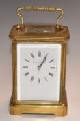 Matthew Norman London, brass corniche cased carriage clock with white Roman dial and Breguet style
