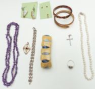 Two Art Deco snake bangles, amethyst necklace, pearl necklace, paste ring, etc