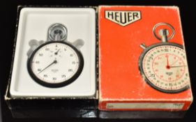 Heuer keyless winding open faced stopwatch with blued hands, white dial and two-tone case, case