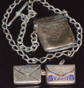 Two hallmarked silver stamp cases, a silver vesta and a silver Albert