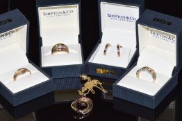 Three 9ct gold tri-coloured rings, a pair of 9ct gold tri-coloured earrings and a 9ct gold tri-