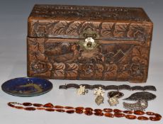 A carved wooden Chinese box, Chinese cloisonné dish, Siam silver brooch, amber necklace, Siam silver