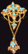 Victorian yellow metal brooch set with turquoise cabochons, verso a small glass compartment set with