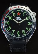 Russian tank commander's military style wristwatch with luminous hands, green Arabic numerals, black