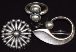 Two Danish silver brooches and a Danish silver ring