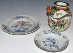 Two 19thC Chinese export shallow dishes and a famille verte covered teapot decorated with figures
