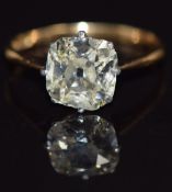 An 18ct gold ring set with a cushion cut diamond of approximately 1.5ct, size J, 2.3g
